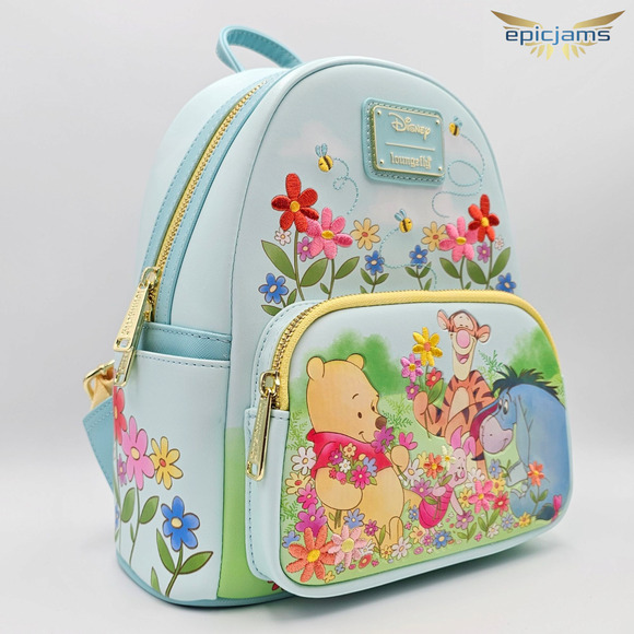 Loungefly Disney Winnie the Pooh Floral Pooh Bear & Friends Blue Mini Backpack - Picture 4 of 9